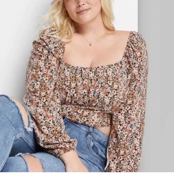 Wild Fable floral boho smocked puff sleeve cropped top size XL brown - Picture 2 of 11
